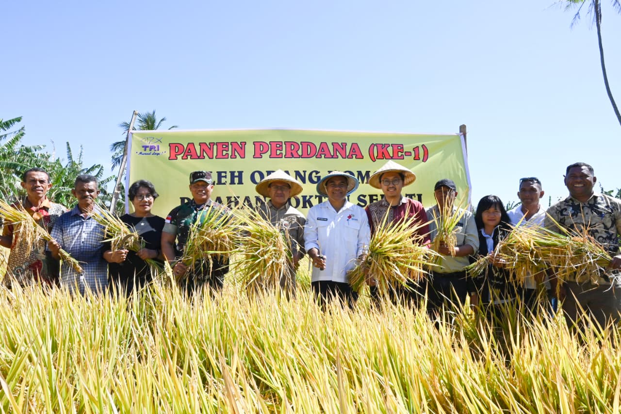 Ket. Foto: Pose Bersama saat Panen Perdana Padi di Sawah Kelompok Tani Sehati Desa Mata Air.