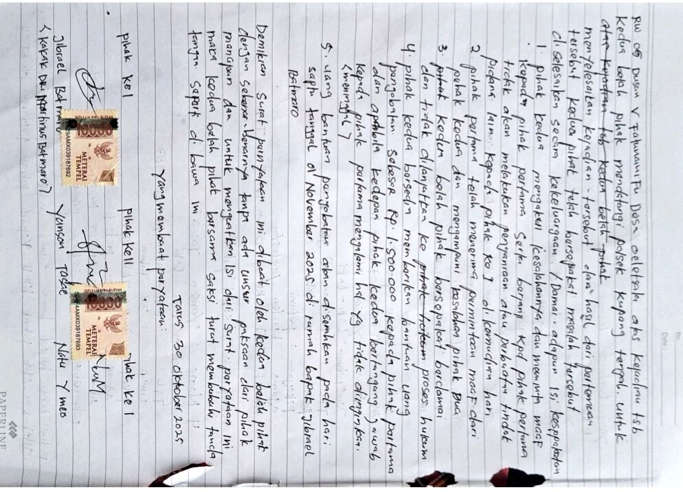 Ket. Foto: Berita Acara Perdamaian di Polsek Kupang Tengah.